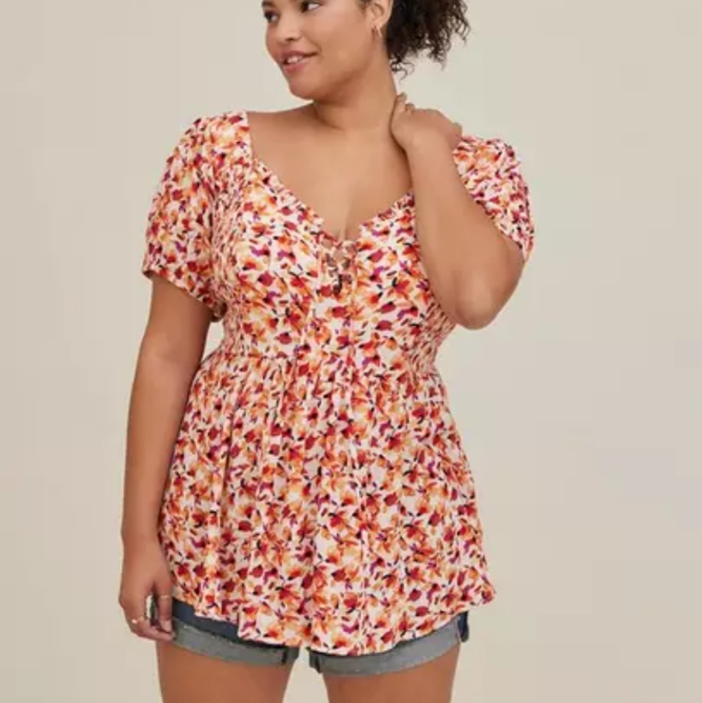 NWT Torrid 3 Orange Floral Print Crinkle Babydoll Top